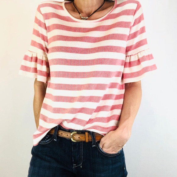 Pleione Tops - Pleione S knit Top Sweater crew striped ruffle